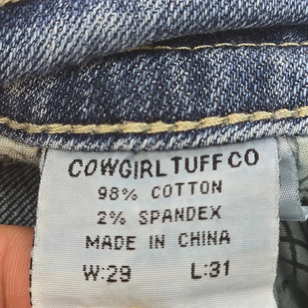 Cowgirl Tuff Co Never Give Up Bootcut Jeans Blue Distressed 29x31 JNGVUP